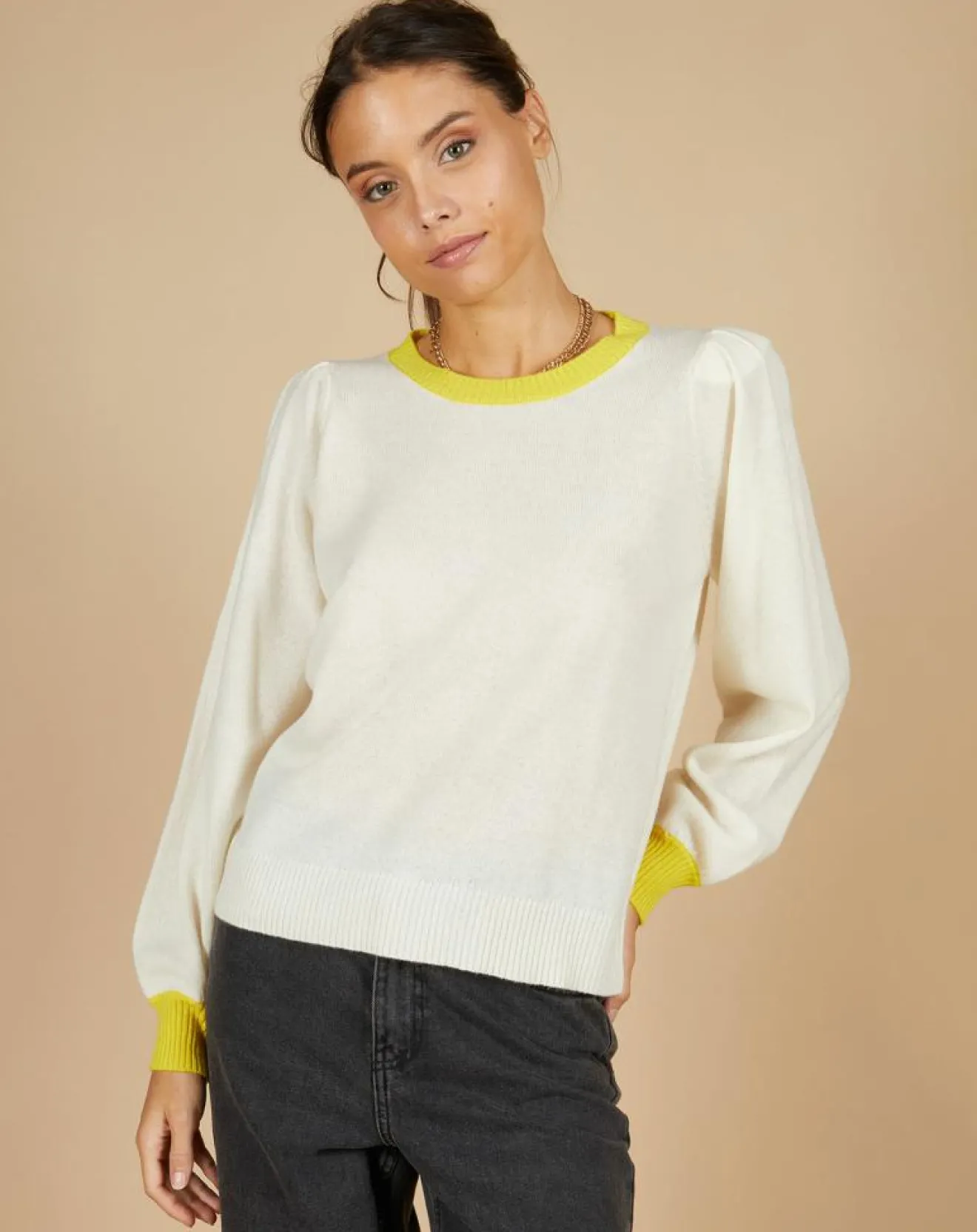 Discount Cashmere Tribu Pull 100% Cachemire Romane col rond écru/liseré citron