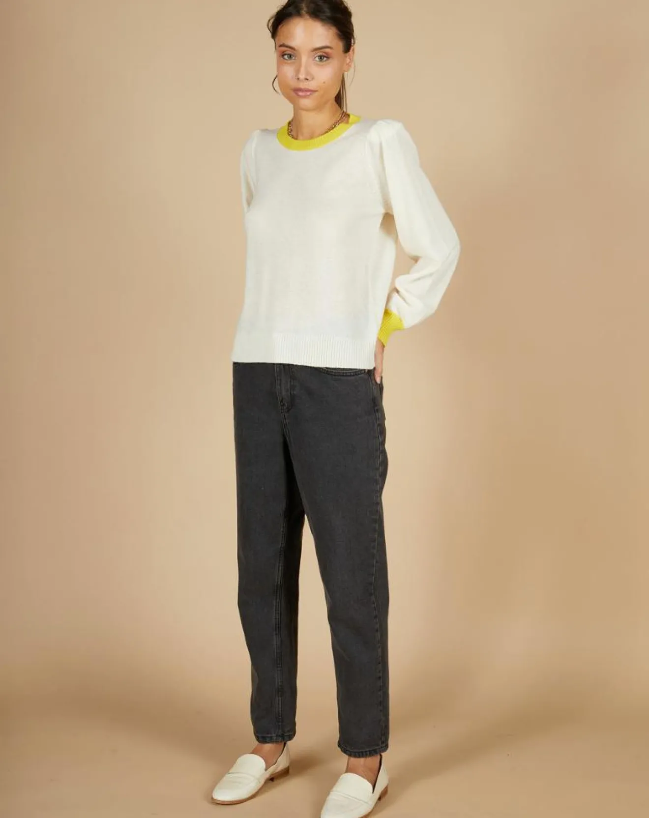 Discount Cashmere Tribu Pull 100% Cachemire Romane col rond écru/liseré citron