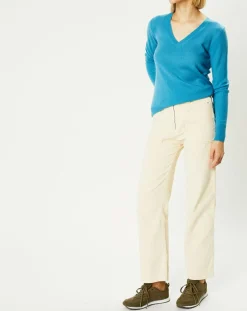 Femme Galeries Lafayette Pull 100% Cachemire Yocon col V bleu moyen