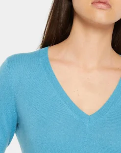 Femme Galeries Lafayette Pull 100% Cachemire Yocon col V bleu moyen