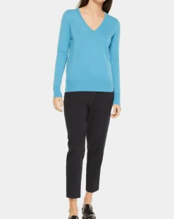 Femme Galeries Lafayette Pull 100% Cachemire Yocon col V bleu moyen