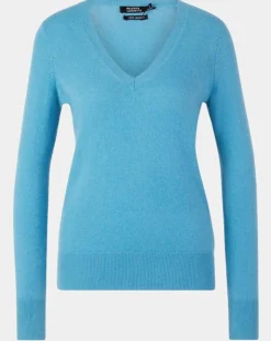 Femme Galeries Lafayette Pull 100% Cachemire Yocon col V bleu moyen