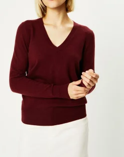Femme Galeries Lafayette Pull 100% Cachemire Yocon col V rouge foncé