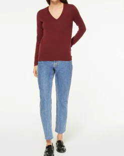Femme Galeries Lafayette Pull 100% Cachemire Yocon col V rouge foncé