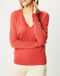Galeries Lafayette Pull 100% Cachemire Yocon col V rouge rosé