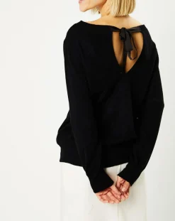 Hot Galeries Lafayette Pull 100% Cachemire Yoshi noeud au dos col bateau noir