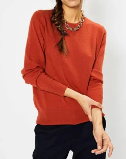 Femme Galeries Lafayette Pull 100% Cachemire Zabri col rond orange foncé