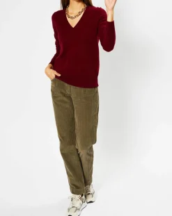 Femme Galeries Lafayette Pull 100% Cachemire Zocon col V rouge foncé