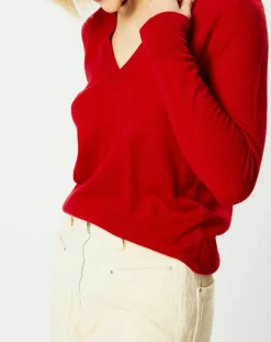 Galeries Lafayette Pull 100% Cachemire Zocon col V rouge