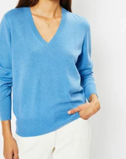 Femme Galeries Lafayette Pull 100% Cachemire Zocon col V bleu