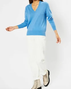 Femme Galeries Lafayette Pull 100% Cachemire Zocon col V bleu