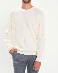 Discount Hackett London Pull 100% Laine d'agneau col rond Cable écru
