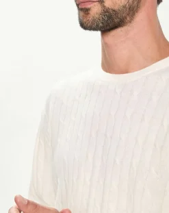 Discount Hackett London Pull 100% Laine d'agneau col rond Cable écru