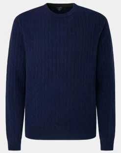 Homme Hackett London Pull 100% Laine d'agneau col rond Cable Fin bleu