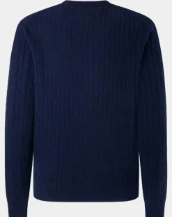 Homme Hackett London Pull 100% Laine d'agneau col rond Cable Fin bleu