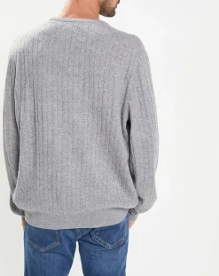 Homme Hackett London Pull 100% Laine d'agneau col rond Cable gris clair