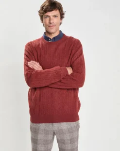 Hot Hackett London Pull 100% Laine d'agneau col rond Cable orange moyen