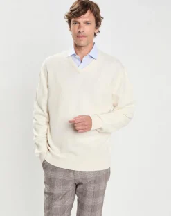Homme Hackett London Pull 100% Laine d'agneau col V écru