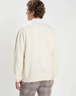 Homme Hackett London Pull 100% Laine d'agneau col V écru