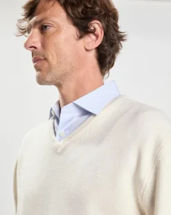 Homme Hackett London Pull 100% Laine d'agneau col V écru