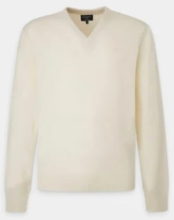 Homme Hackett London Pull 100% Laine d'agneau col V écru