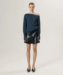 Femme Rodier Pull Abby 100% laine épaule nue asymétrique bleu pétrole