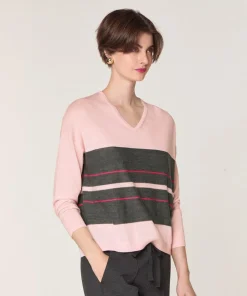 Femme Rodier Pull Adélie 100% Laine col V rayures rose perle