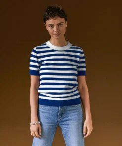 Femme Rodier Pull Adlyne manches courtes rayé blanc