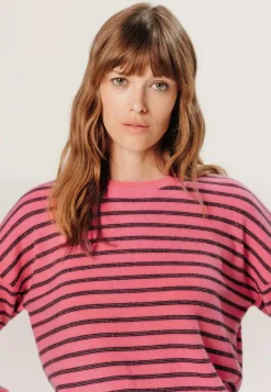 Rodier Pull Aliénor 100% Cachemire col rond, rayé orange corail