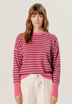 Rodier Pull Aliénor 100% Cachemire col rond, rayé orange corail