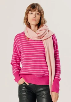 Clearance Rodier Pull Aliénor 100% Cachemire col rond rayé rose tonique