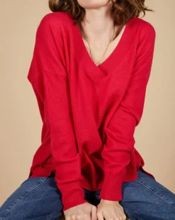 Femme Cashmere Tribu Pull ample 100% Cachemire Isidore col V fuchsia