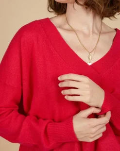 Femme Cashmere Tribu Pull ample 100% Cachemire Isidore col V fuchsia