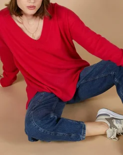 Femme Cashmere Tribu Pull ample 100% Cachemire Isidore col V fuchsia