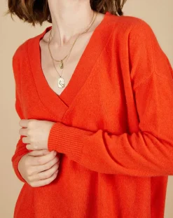 New Cashmere Tribu Pull ample 100% Cachemire Isidore col V orange