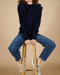 Femme Cashmere Tribu Pull ample 100% Cachemire Sandy col montant à bouton bleu nuit