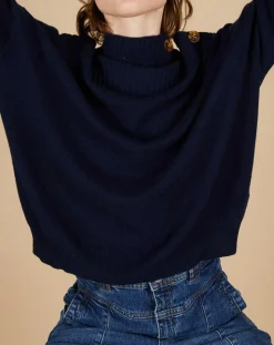 Femme Cashmere Tribu Pull ample 100% Cachemire Sandy col montant à bouton bleu nuit