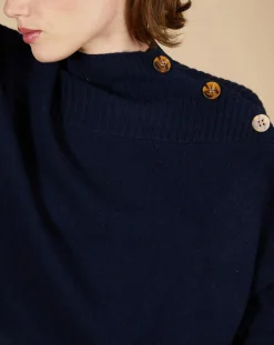 Femme Cashmere Tribu Pull ample 100% Cachemire Sandy col montant à bouton bleu nuit