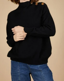 Discount Cashmere Tribu Pull ample 100% Cachemire Sandy col montant à bouton noir