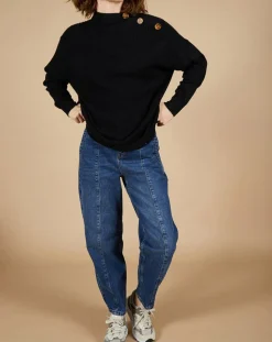 Discount Cashmere Tribu Pull ample 100% Cachemire Sandy col montant à bouton noir