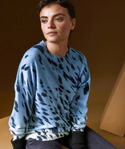 Femme Rodier Pull Anémone 100% Cachemire imprimé léopard bleu azur