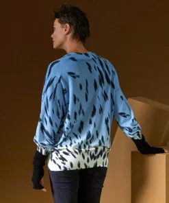 Femme Rodier Pull Anémone 100% Cachemire imprimé léopard bleu azur