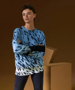 Femme Rodier Pull Anémone 100% Cachemire imprimé léopard bleu azur