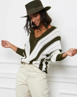 Femme L'Armoire de Suzette Pull Anna kaki/blanc