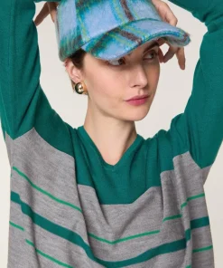Clearance Rodier Pull Anne-Élodie 100% Laine col V rayures vert canard