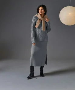 Rodier Pull Arlette 100% laine col rond torsades gris