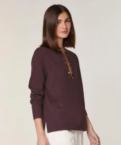 Femme Rodier Pull Aymone 100% Laine chaine col V marron foncé