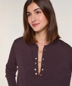 Femme Rodier Pull Aymone 100% Laine chaine col V marron foncé