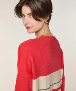 Femme Rodier Pull Caecilia 100% Laine col V rayures orange corail