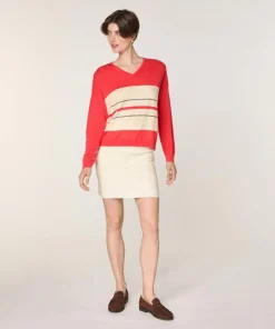 Femme Rodier Pull Caecilia 100% Laine col V rayures orange corail
